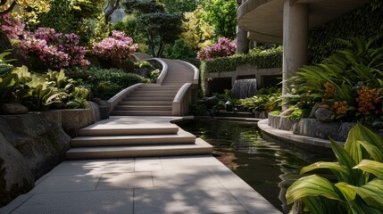 Serene garden pathway with lush greenery, blooming flowers, and a tranquil water feature