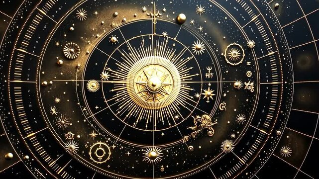 Top-down view of a celestial-themed design with golden astrological symbols on a dark background, resembling a cosmic video game interface.