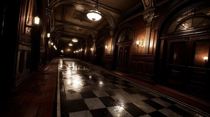 Fototapeta premium Dark, elegant hallway with polished floors and vintage lighting, creating a mysterious atmosphere