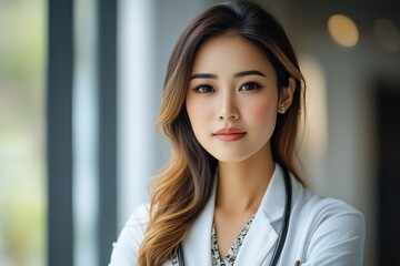 Young Asian Female Doctor Posing in Hospital Corridor
