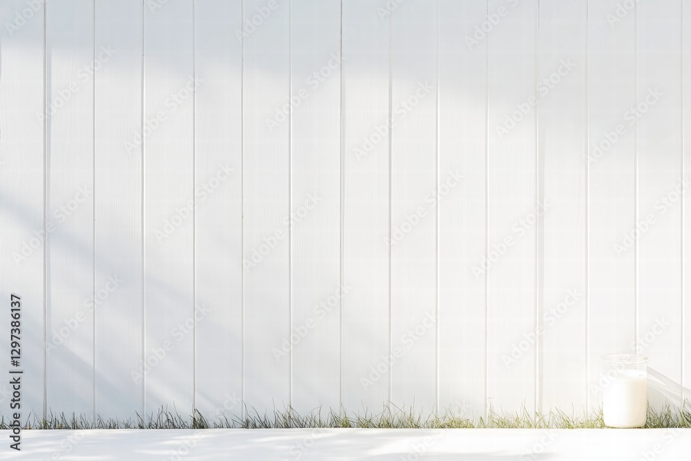 Aufkleber minimalist white wall with soft shadows and a jar on the ground during bright daylight near greenery