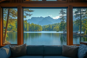 Comfortable sofa inviting guests to admire breathtaking lake and mountain view