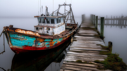 Fototapeta premium Vintage Fishing Boat Docked on a Foggy Morning