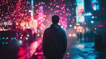 A Person Standing Alone Looking Toward City Lights At Night
