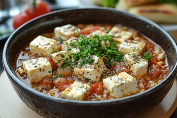 Delicious Greek Dish with Tomatoes, Feta, and Herbs in a Rustic Bowl