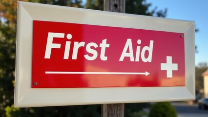 A red first aid sign with a white cross and arrow pointing to the right.