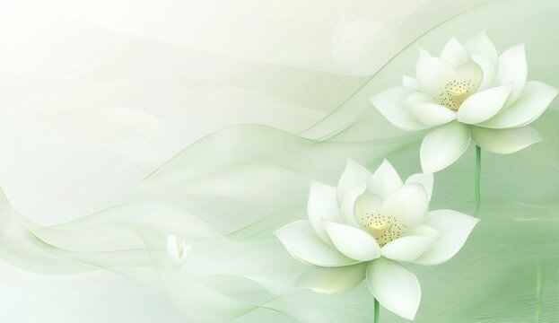 Delicate white lotus flowers on flowing green silk, soft background