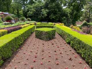 Symmetrical topiary garden. Rectangular and cubic shapes. Cube and rectangle shaped hedges made of green leaves, yellow flowers and purple flowers. Brown soil. Gramado, Brazil, Rio Grande do Sul 