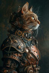 A cat wearing steampunk armor. AI.
