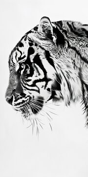 A close-up of a tiger's face, drawn in pencil. AI.