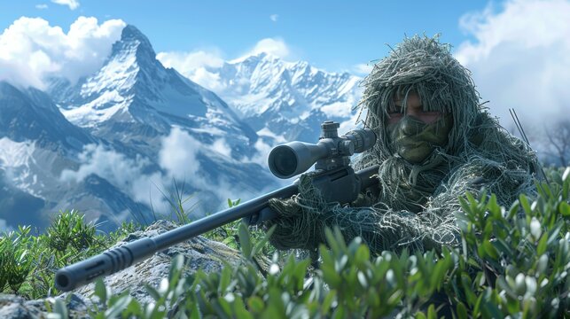 A sniper camouflaged in the mountains. AI.