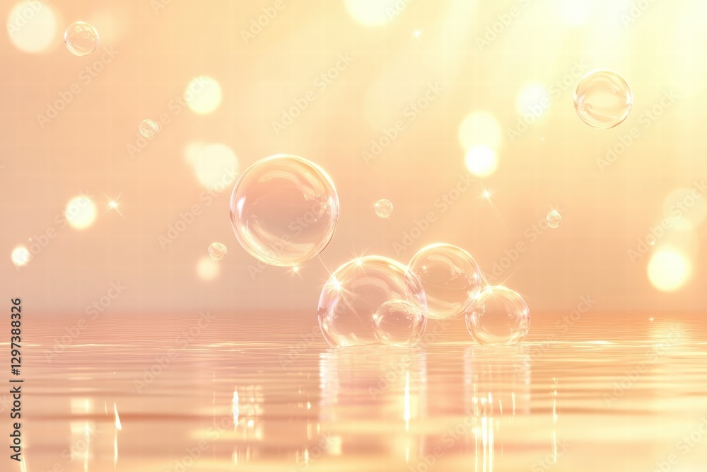 Fototapete Bubbles floating above a calm surface reflecting warm sunlight in a serene environment. Generative AI