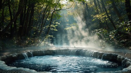 Early morning forest scene with thick steam rising from a bubbling natural hot spring pool creating a mysterious mood.