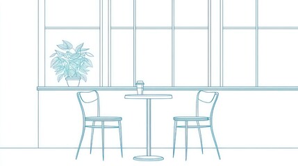 Cafe interior sketch, empty tables, windows, plant. Stock image for restaurant design