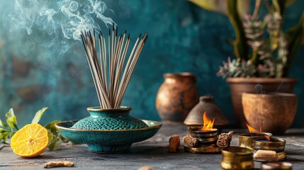 Various incense sticks on a stand burn with smoke, aroma in the house, decoration and aromatization of the room