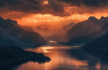 Fototapeta premium A fiery sunset over a mountain lake. AI.