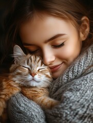 Young woman tenderly embracing a ginger cat