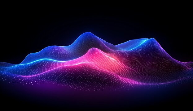 Abstract digital landscape, glowing colorful mountains, dark background