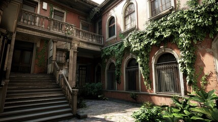 Abandoned courtyard with overgrown vines and a staircase, showcasing vintage architecture and tranquility