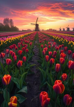 A field of colorful tulips at sunset with a windmill in the background. AI.