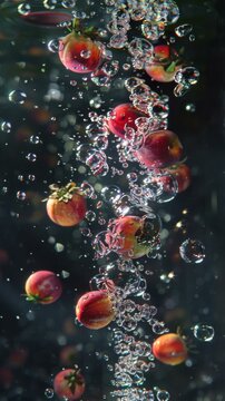 Red fruits falling into water, creating a bubbly splash. AI.