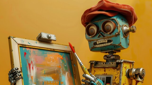 A rusty robot paints on a canvas. AI.