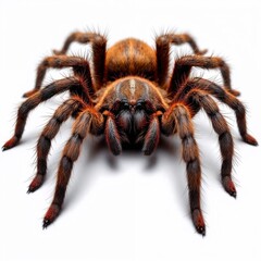 Hairy brown and orange tarantula crawling on a white background