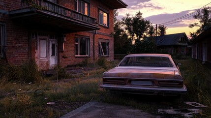 Abandoned vintage car parked beside a derelict house at sunset, surrounded by overgrown grass
