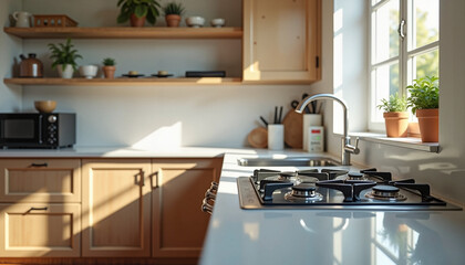 Sunlit Modern Kitchen Interior Still Life, Clean Kitchen Counter, Spring Cleaning