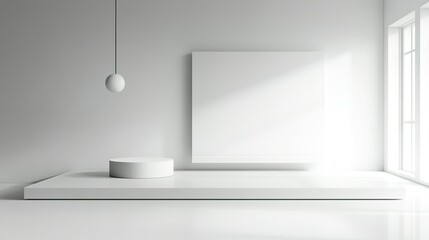 A Minimalist White Interior Scene Features Geometric Shapes and Sunlight