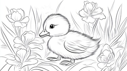 Cute duckling in floral garden; coloring book; kids activity; printable image