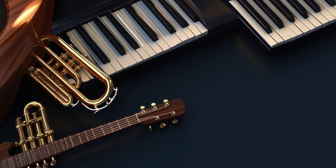 Musical Instruments Composition: Trumpet, Guitar, Keyboard Harmony on Dark Background
