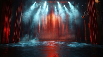 Obraz premium Dramatic Stage Setting with Red Curtains and Spotlights