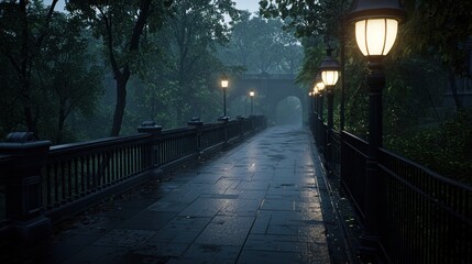 Serene evening stroll along a rain-soaked path with glowing lamps and lush greenery