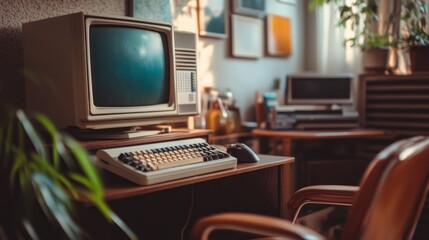 Vintage computer setup with CRT monitor, keyboard and mouse on wooden desk in a home office.