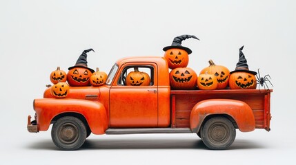 Retro pickup truck with halloween decorations