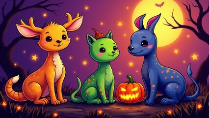 Naklejka premium Three cute Halloween animals, including a deer, a cat, and a dog, sitting together with a carved pumpkin under a full moon.