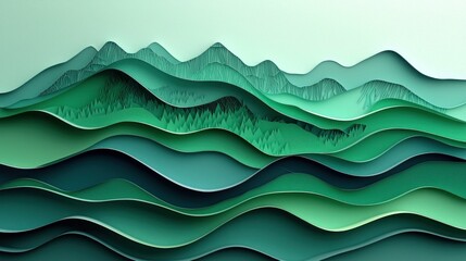 Abstract Layered Paper Art of Mountains and Waves in Green Tones
