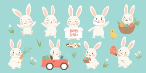 Fototapeten Cute Easter Bunny Vector Set, Rabbits Holding Eggs, Driving a Car, Playing With Chicks, Holding a Sign. Easter Bunny Clipart for Cards, Stickers, Decorations. Easter Bunny Illustration, Holiday Design © gomolach