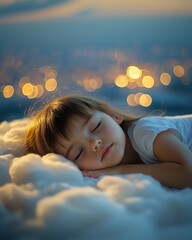 A young girl peacefully sleeping on a fluffy cloud with soft bokeh lights in the background.