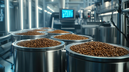 Modern industrial automation scene with coffee bean packaging in a high-tech facility