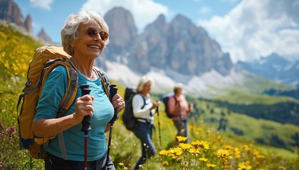 A smiling senior woman with a backpack hiking in a beautiful mountain landscape.