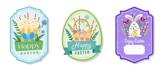 Easter greeting gift labels and tags collection with cute bunny, cake, eggs and flowers. Spring holiday template for seasonal wrapping, packaging, stickers. Colored flat vector illustration