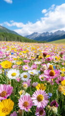 Fototapeta premium Expansive wildflower meadow with daisies and vibrant colors in mountain landscape