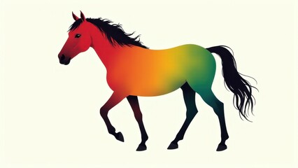 A colorful gradient horse illustration with shades of red, orange, yellow, green, and blue.