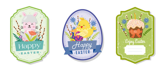 Easter greeting gift labels and tags collection with cute bunny, chick, cake, eggs and flowers. Spring holiday template for seasonal wrapping, packaging, stickers. Colored flat vector illustration