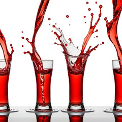 Two glasses filled with red liquid, captured in mid-motion with dynamic splashes on a clean white background red wine pouring into glass 🍷✨📸