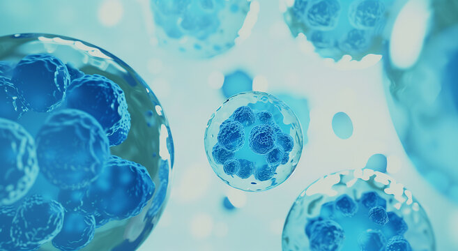 Blue circular cells under microscope with animal inside and chromosomes, AR charger core concept - Microscopic view on light background