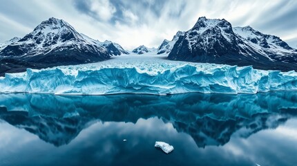 Majestic Glacier with Snow-Capped Mountains and Mirror Reflection in Arctic Waters