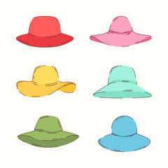 A set of female summer hats. Beach accessories. Vector illustration.